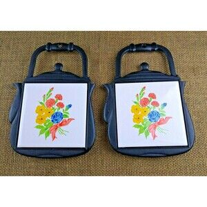 Cast Iron and Tile Trivets Blue Orange Yellow Flowers Japan Teapot Shape 2 Pc